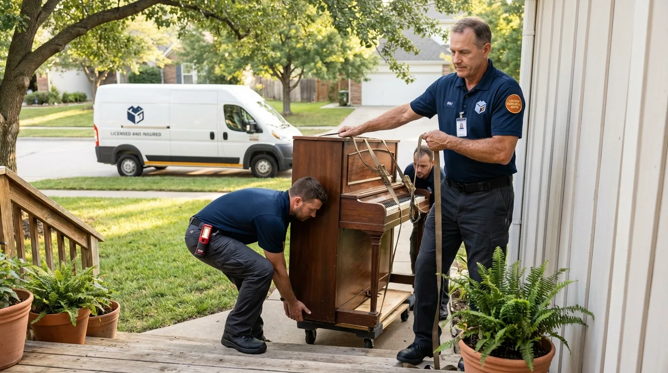 Licensed piano movers securing grand piano in Lithonia, GA