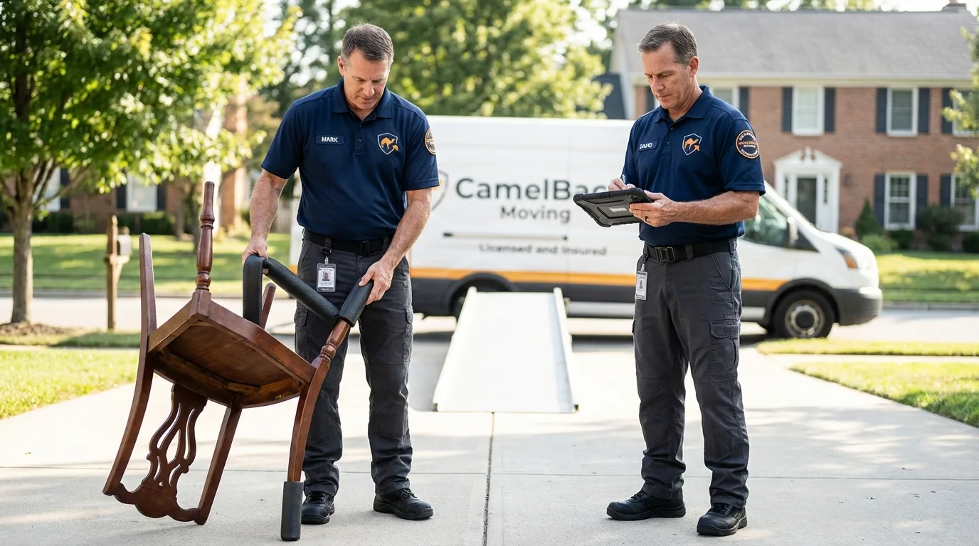 Movers inspecting furniture for damage prevention before loading in Lithonia, GA