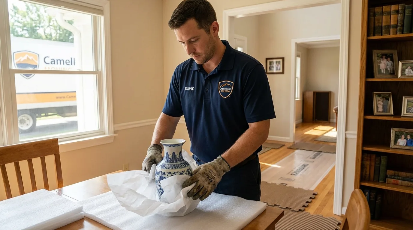 Professional crew carefully wrapping antique vase for senior downsizing move in Lithonia, GA